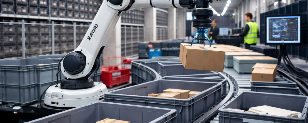 Automationslösningen klarar 800 till 1 200 plock per timme. Illustration: AI-genererad bild. Ej ett fotografi.
Upphovsrätt © Conventus– AI-genererat innehåll. Inget av materialet får reproduceras eller användas i andra sammanhang utan skriftligt medgivande.