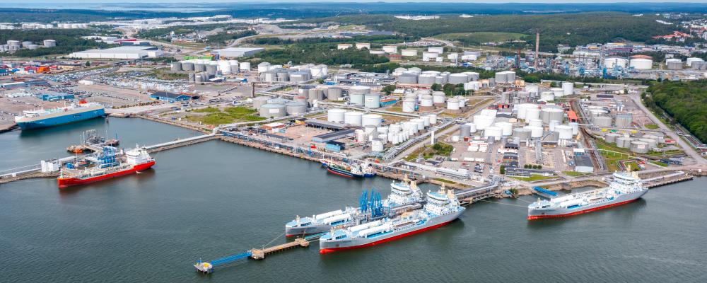 Flygbild över skarvikshamnen. Bild: Göteborgs Hamn.