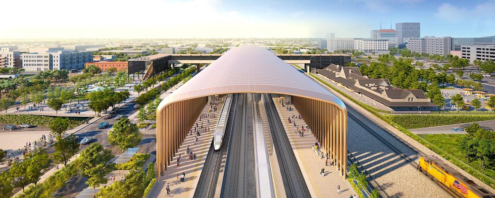 Arkitekternas vision av staden Fresnos centralstation i Kalifornien. Illustration: California High Speed Rail Authority