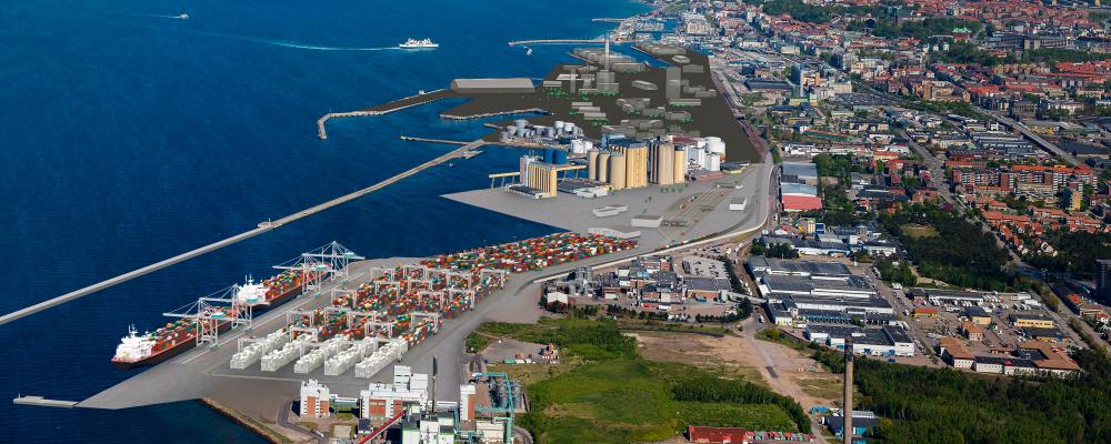 Visionsbild över framtidens containerterminal i södra Helsingborg. Satsningen ska möta ökande godsvolymer och skapa förutsättningar för fortsatt utveckling av säkra och effektiva flöden. Foto: Helsingborgs hamn