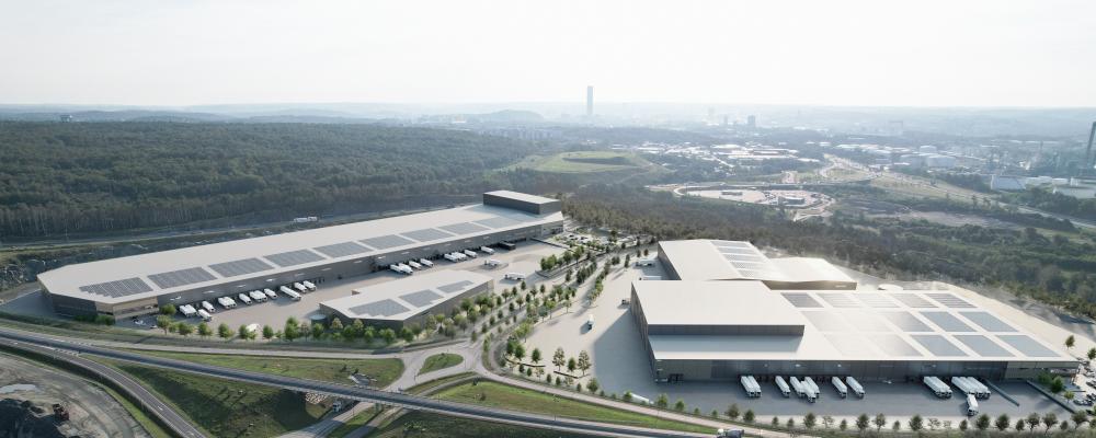 Visionsbild över Halvorsäng logistikpark som är under uppbyggnad ett stenkast från Göteborgs Hamn. Den första hyresgästen flyttar in under 2026. Bild: Castellum/Göteborgs Hamn AB