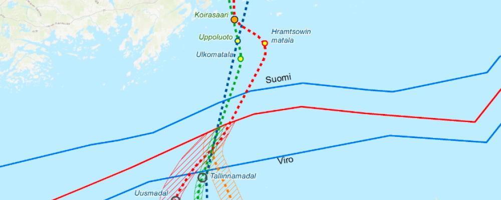 Olika tidigare undersökta möjliga tunnelsträckningar mellan Helsingfors och Tallinn. Klicka på krysset för att kunna se hela kartan. Bild: Finest Bay Area Development Oy