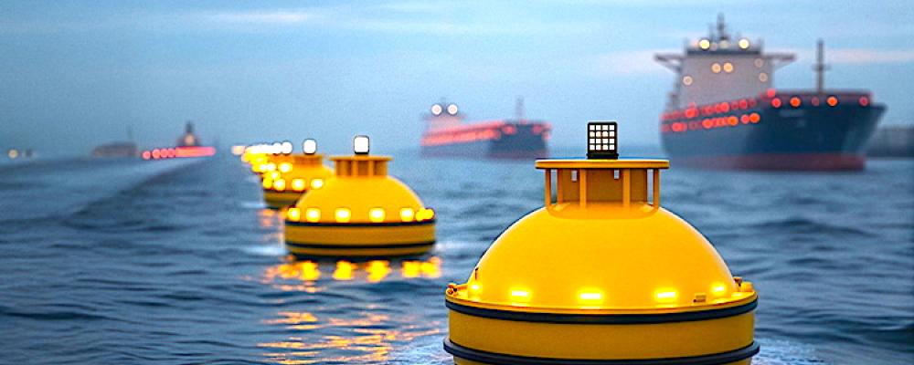 Konceptuell visualisering av autonom sjöfart med navigationsbojar anpassade för obemannade fartyg. Bild: HTL-Group