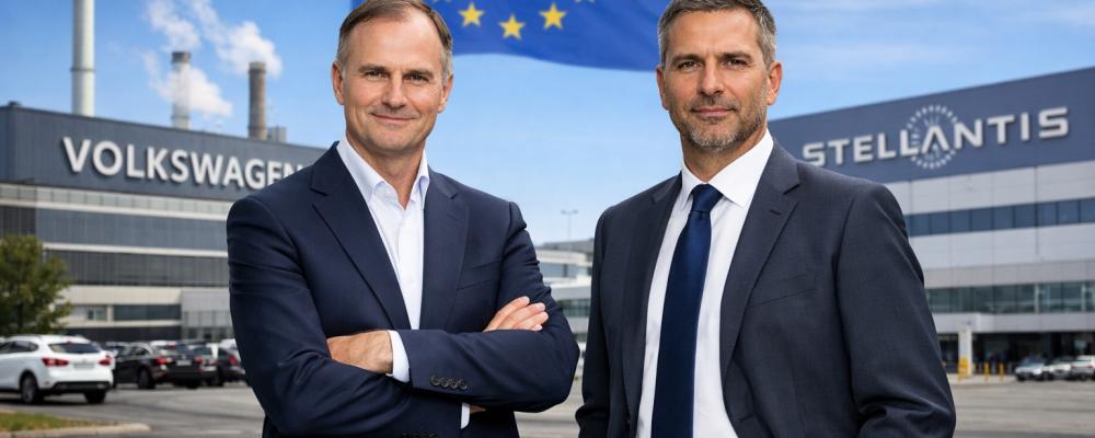 Koncerncheferna Oliver Blume och Antonio Filosa ställer krav på EU:s industripolitik. Illustration, ej fotografi – AI-genererat innehåll, copyright, Conventus.