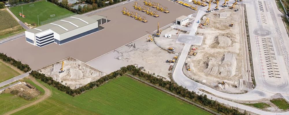 Visualisering av det planerade logistikcentret vid Liebherr-Hydraulikbagger GmbH i Kirchdorf vid floden Iller. Bild: Liebherr-Hydraulikbagger GmbH