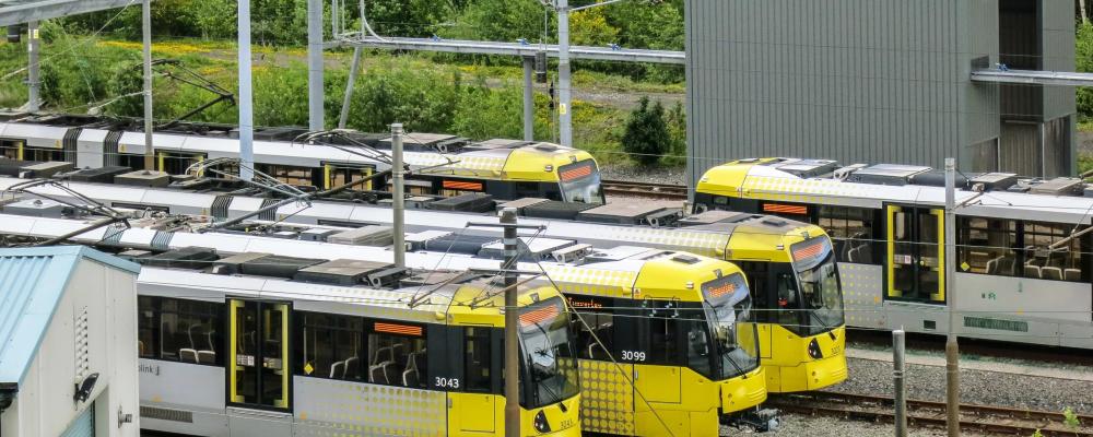 Manchester Metrolink depå med ett antal spårvagnar. Foto: Wikipedia Commons Lic, kredit: Peter McDermott
