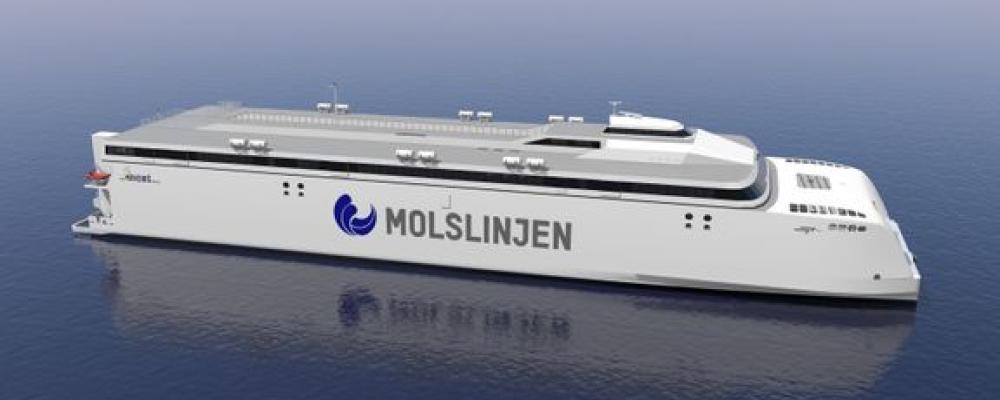 Molslinjens elektriska mega-katamaraner byggs nu i Tasmanien. Här syns en illustration av de kommande snabbfärjorna för Kattegatt. Foto: Incat Tasmania.