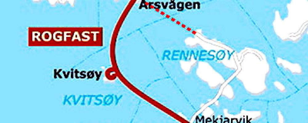 Tunnelns sträckning. Den nuvarande färjeförbindelsen är markerad med röd streckad linje. Förutom längden är även djupet på rekordnivå. Den djupaste punkten kommer att ligga 392 meter under havsytan. I tunnelns ändar blir lutningen omkring fem procent, med undantag för en cirka tre kilometer lång sträcka i norr där lutningen är sju procent. I uppförsbacken byggs ett tredje körfält för långsamma tunga fordon. Karta: Rogfast-projekt