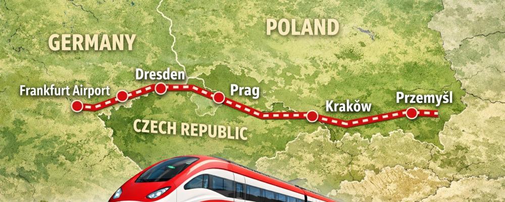 Den nya tåglinjen får en total längd på över 1 300 kilometer och sträcker sig från Przemyśl vid den polsk-ukrainska gränsen via Kraków, Prag och Dresden till Frankfurt am Main flygplats. Karta: Illustration: AI-genererad bild.
Upphovsrätt © Conventus
