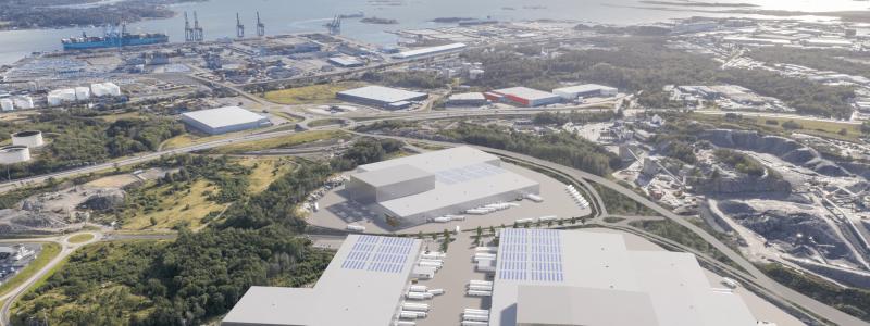 Tidig visionsbild över den nya hamnnära logistikparken på Halvorsäng där OneMed blir första hyresgäst. Bild: Castellum/Göteborgs Hamn AB