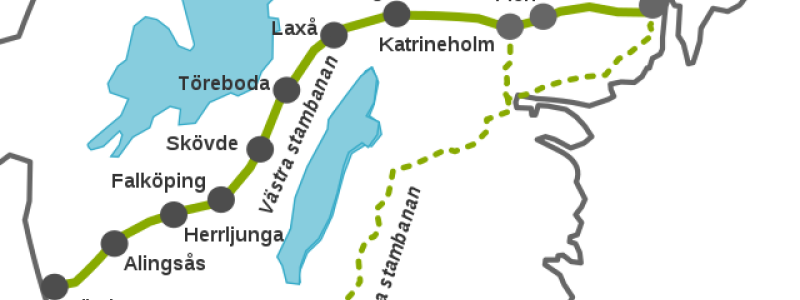 Västra stambanans dragning mellan Stockholm och Göteborg. Foto: Wikimedia Commons