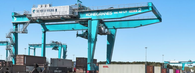 Port of Virginias har sju fjärrstyrda spårbundna Konecranes-portalkranar. Foto: Konecranes