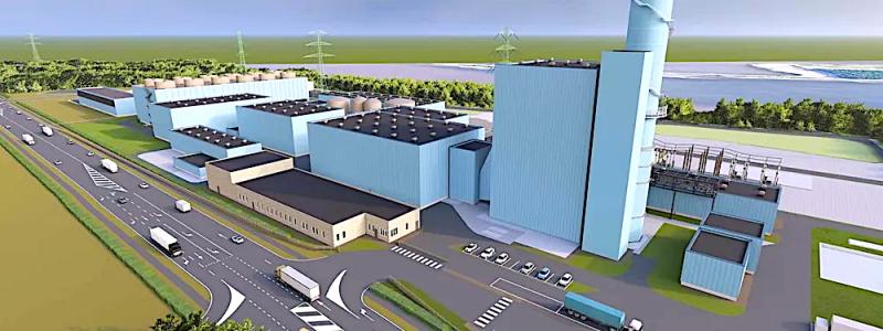 Illustration av RWE:s planerade 850 megawatt stora ”vätgasklara” kraftverk i Voerde i Tyskland. Bild: RWE