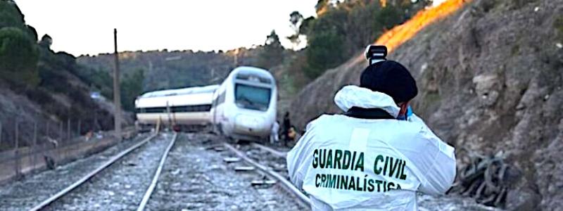 Undersökningsteamet vid olycksplatsen. Utredningen analyserar nu det specifika rälspartiet, som tillverkades 2023, för att avgöra om brottet beror på materialutmattning eller ett tillverkningsfel. Foto: Guardia Civil.