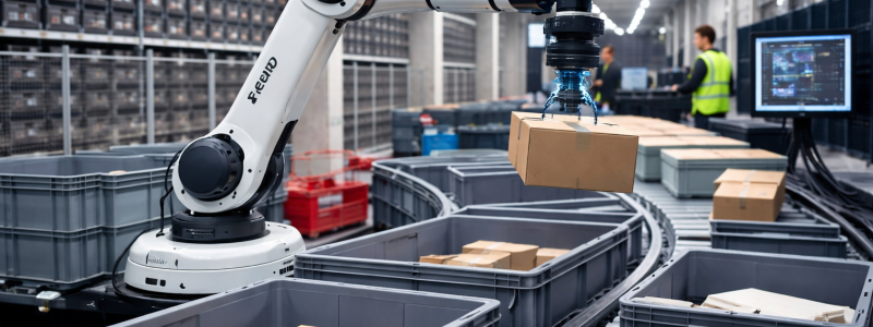 Automationslösningen klarar 800 till 1 200 plock per timme. Illustration: AI-genererad bild. Ej ett fotografi.
Upphovsrätt © Conventus– AI-genererat innehåll. Inget av materialet får reproduceras eller användas i andra sammanhang utan skriftligt medgivande.