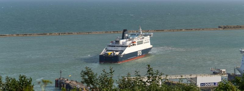 En DFDS-färja lämnar hamnen i Dover en molnig dag. Foto: Thivanika Uthayakumaran/Unsplasy