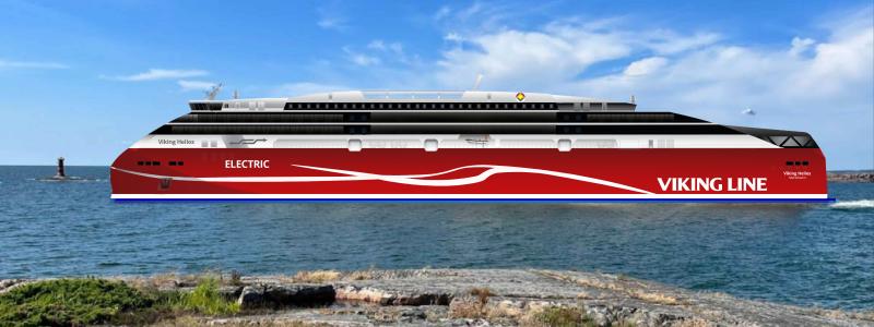Den Cirka 195 meter långa elfärjan Viking Helios. Bild:  Viking Line
