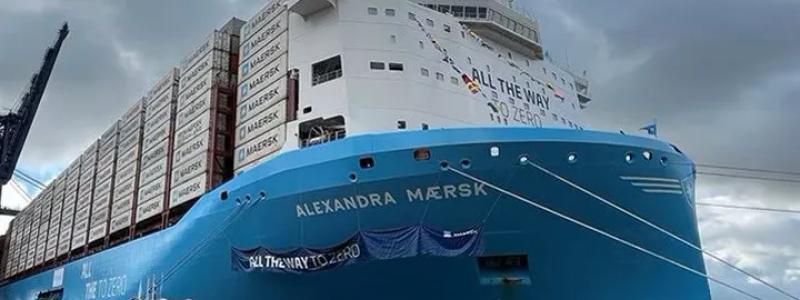 Fartyget Alexandra Maersk, ett av rederijätten Maersks containerfartyg med dubbla bränslesystem för metanol
Foto: Maersk