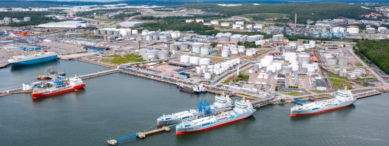 Flygbild över skarvikshamnen. Bild: Göteborgs Hamn.