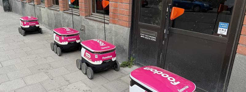 Ett nytt inslag i stadsbilden – uppskattat av många men också ifrågasatt. Foto: 	Moonhouse/Wikimedia Commons/https://commons.wikimedia.org/wiki/File:Foodora_delivery_bots_with_flags.jpg