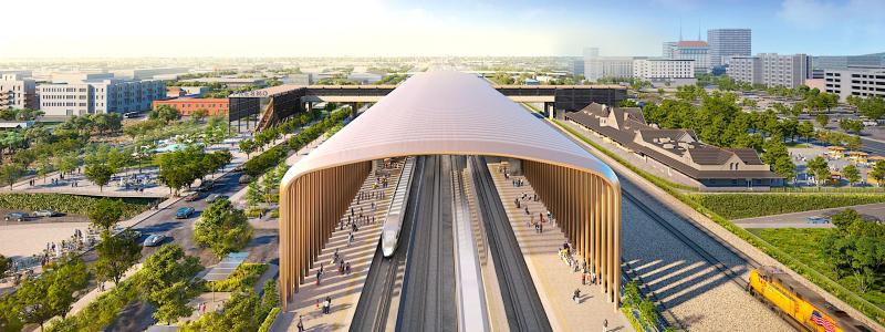 Arkitekternas vision av staden Fresnos centralstation i Kalifornien. Illustration: California High Speed Rail Authority