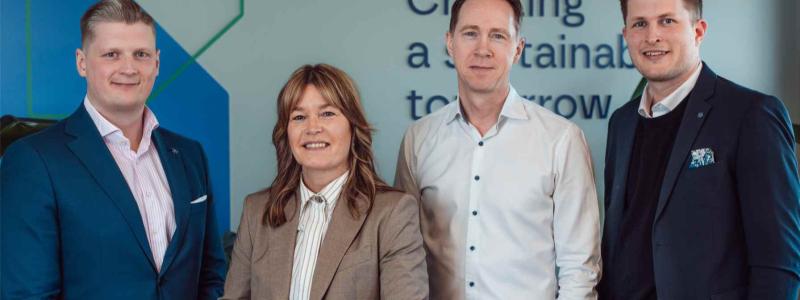 Patrik Westræus, Head of Sustainability Greencarrier, Anna Taranger, Country Manager Greencarrier Liner Agency Sweden Group Patrik Rössberger, Country Manager Hecksher Sweden, Nicolas Myrén, Managing Director Greencarrier Consolidators Sweden. Foto: press
