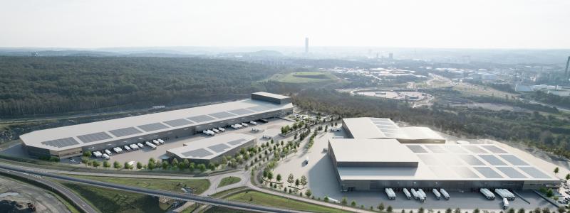 Visionsbild över Halvorsäng logistikpark som är under uppbyggnad ett stenkast från Göteborgs Hamn. Den första hyresgästen flyttar in under 2026. Bild: Castellum/Göteborgs Hamn AB