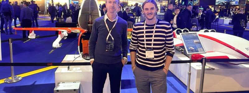 Henrik Littorin, ELIS program, och Martin Lundholm, Skanska, på Amsterdam Drone Week, som är en global plattform för att dela kunskap om aktuella luftlösningar, potentiella innovationer och viktiga regelverk. Foto: Skellefteå Science City