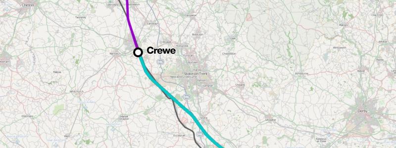 Karta över den år 2023 inställda höghastighetssträckan Birmingham-Manchester HS2, som visar fas 2a och 2b och Golborne Link. Klicka på krysset högst till vänster för större och mer komplett bild. Karta: Wikipedia Common, kredit: Cnbrb och ytterligare en författare