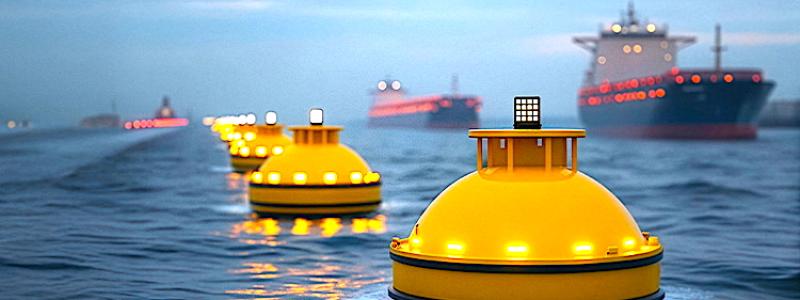 Konceptuell visualisering av autonom sjöfart med navigationsbojar anpassade för obemannade fartyg. Bild: HTL-Group