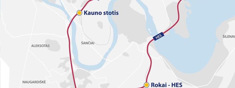 Knutpunkten i Kaunas kommer att innefatta huvudlinjen samt ankomst- och avgångsspåren för den europeiska järnvägslinjen vid Kaunas befintliga stationsbyggnad. Spåren med 1520 mm spårvidd kommer att flyttas till stationens södra sida. Karta: Rail Baltica