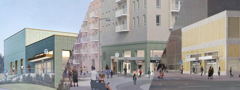 Så här kan entréerna till gula linjens nya stationer se ut; Älvsjö, Östbergahöjden och Årstaberg. Visionsbild: Region Stockholm/&Rundquist