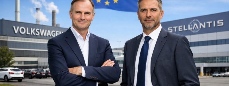 Koncerncheferna Oliver Blume och Antonio Filosa ställer krav på EU:s industripolitik. Illustration, ej fotografi – AI-genererat innehåll, copyright, Conventus.