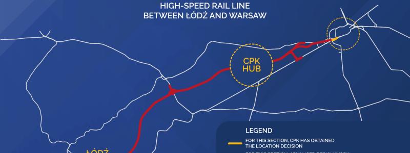 Översiktskarta över CPK:s planerade höghastighetsjärnväg mellan Warszawa och Lodz, som ingår i det större Y-nätet. Karta: CPK