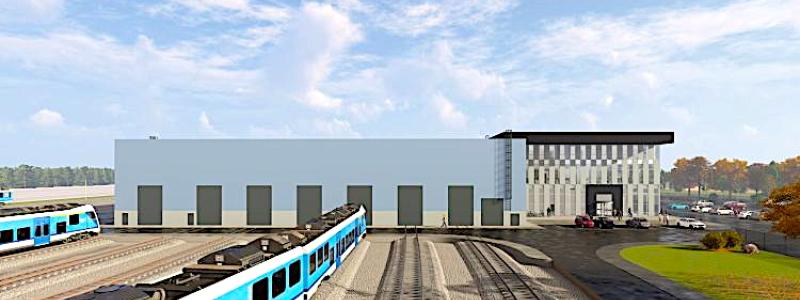 Det nya rullmaterieldepån i Rae kommun i Harju ska bli det största i Baltikum och samla underhåll och drift för Rail Baltica i Estland. Illustration: Rail Baltica / WKZ