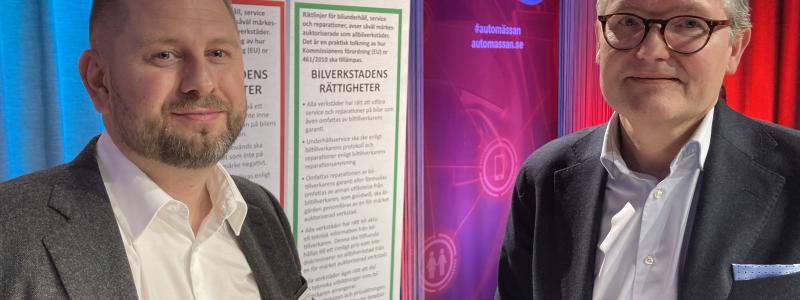 Ulf Stefansson, SFVF, och Robert Hård, Meko Group, talade om nuläget kring konkurrens och bilverkstädernas rättigheter. Foto: SBF