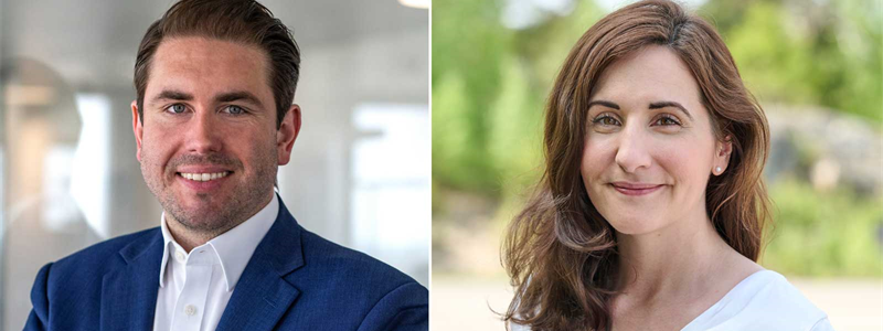 Fabian Stenger, Chief Operating Officer på Flix och Johanna Salomonsson Lind, SVP. och chef för People Transport Solutions på Scania. Foto: Scania