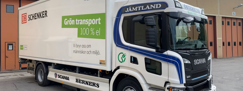 DB Schenkers samarbetsåkeri Sandberg & Jonsson har investerat i regionens första helelektriska distributionslastbil. Bilen kommer leverera gods och paket i Östersund och Frösön. Foto: DB Schenker