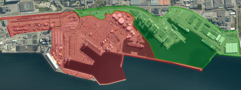Västhamnens Containerterminal och Energihamn i röd markering är nu ett Civilt skyddsobjekt. Foto: Helsingborgs hamn