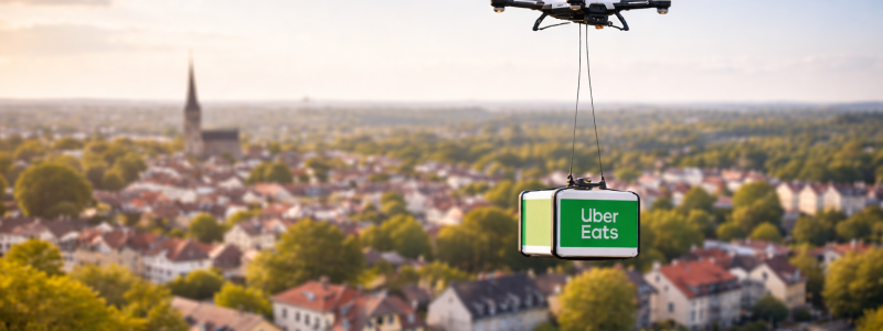 Drönarleveranser kan minska leveranstider, kostnader och utsläpp jämfört med traditionella bud, enligt företagen. Illustration: AI-genererad bild. Ej ett fotografi. Upphovsrätt © Conventus– AI-genererat innehåll. Inget av materialet får reproduceras eller användas i andra sammanhang utan skriftligt medgivande.