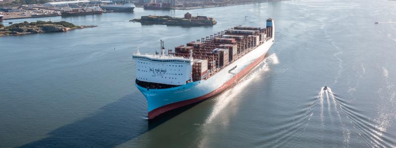 Antonia Maersk på väg från Göteborgs Hamn mot hamnar i Asien. Bild: Göteborgs Hamn.