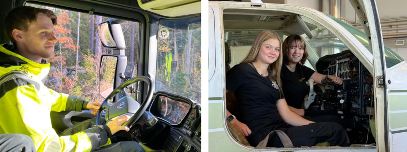 Linus Widén från Alunda är en av TYAs nya ambassadörer, som ska locka fler unga till lastbilsföraryrket. Denise Fernros och Felicia Blom utbildar sig till flygmekaniker på Edströmska gymnasiet i Västerås. Foto: TYA