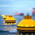 Konceptuell visualisering av autonom sjöfart med navigationsbojar anpassade för obemannade fartyg. Bild: HTL-Group