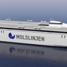 Molslinjens elektriska mega-katamaraner byggs nu i Tasmanien. Här syns en illustration av de kommande snabbfärjorna för Kattegatt. Foto: Incat Tasmania.