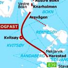 Tunnelns sträckning. Den nuvarande färjeförbindelsen är markerad med röd streckad linje. Förutom längden är även djupet på rekordnivå. Den djupaste punkten kommer att ligga 392 meter under havsytan. I tunnelns ändar blir lutningen omkring fem procent, med undantag för en cirka tre kilometer lång sträcka i norr där lutningen är sju procent. I uppförsbacken byggs ett tredje körfält för långsamma tunga fordon. Karta: Rogfast-projekt