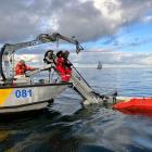 Strandbekämpare tar upp olja i Hörvik under operation Marco Polo Foto: Kustbevakningen