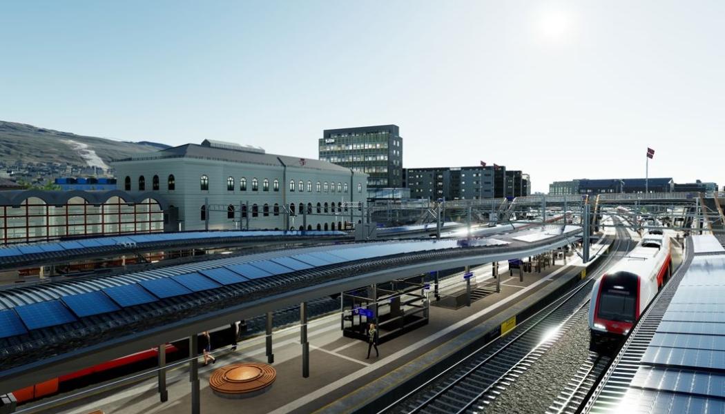Illustration av Drammens restaurerade station med solpaneler på taket. Bild: Norconsult/Bane NOR, kredit Baezeni