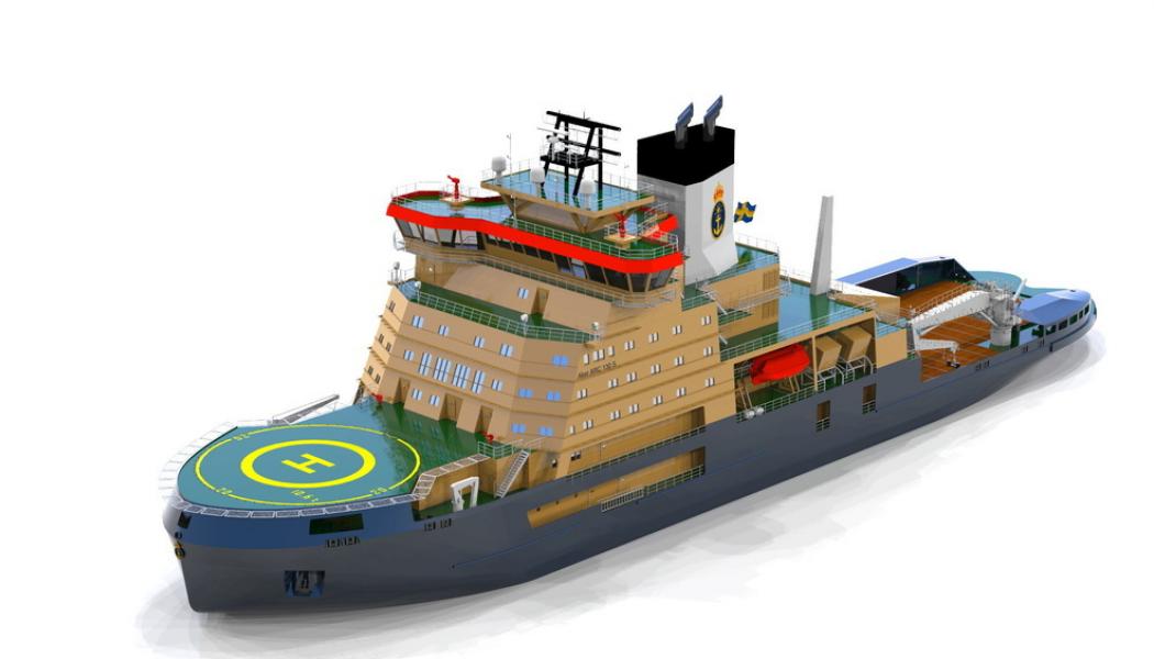 Aker Arctic/Sjöfartsverket: Illustration av designen för Sveriges nya isbrytare.