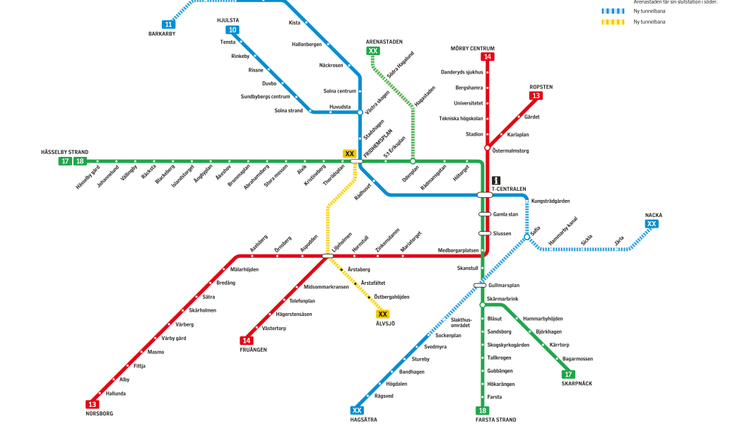 ​
På tunnelbanans linjekarta har den nya förbindelsen mellan Fridhemsplan och Älvsjö med sex nya stationer fått färgen gul.

​