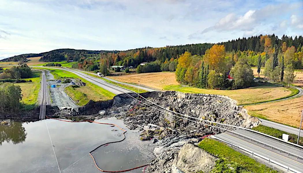 Drönarfoto från jordskredsområdet vid Nesvatnet i Levanger.
Foto: Bjørn Modell, Bane NOR